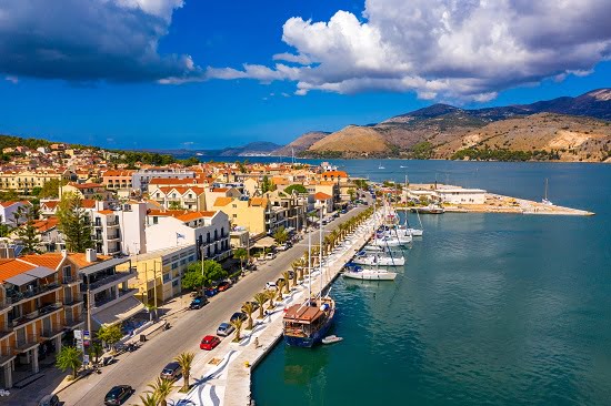 Aerial drone view of Argostoli (Argostolion), famous city and ca