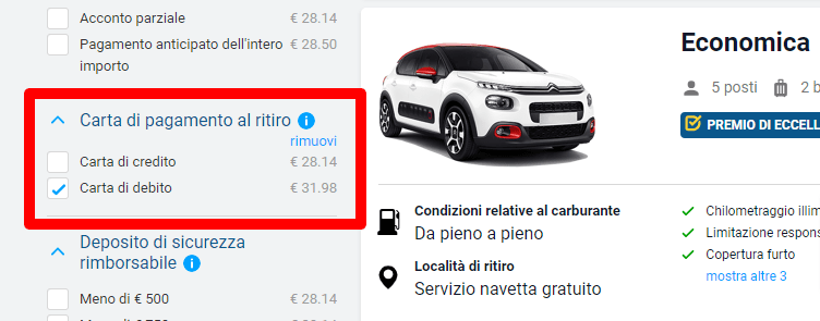 Filtro per trovare autonoleggi che accettano carta di debito al ritiro