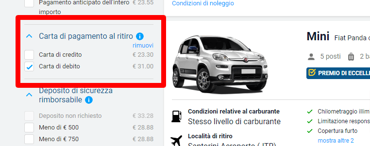 Noleggio auto a Santorini senza carta di credito: cosa controllare prima di prenotare