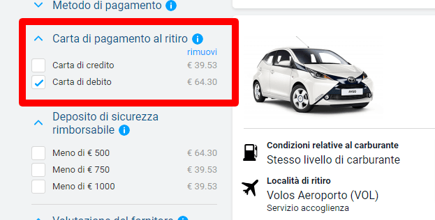 Noleggio auto a Volos senza carta di credito: ricerca con filtri