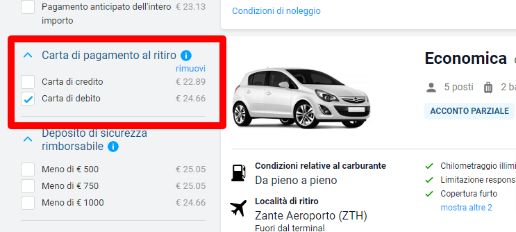 Noleggio auto a Zante: consigli per prenotare anche con carta di debito