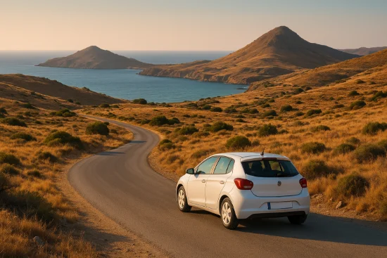 Auto bianca sulla strada costiera di Lemnos